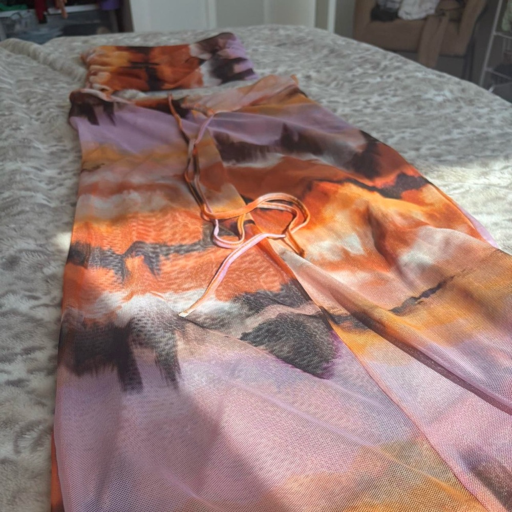 Zara Multicolor Mesh Fabric with Purple, Orange and Black Accents
